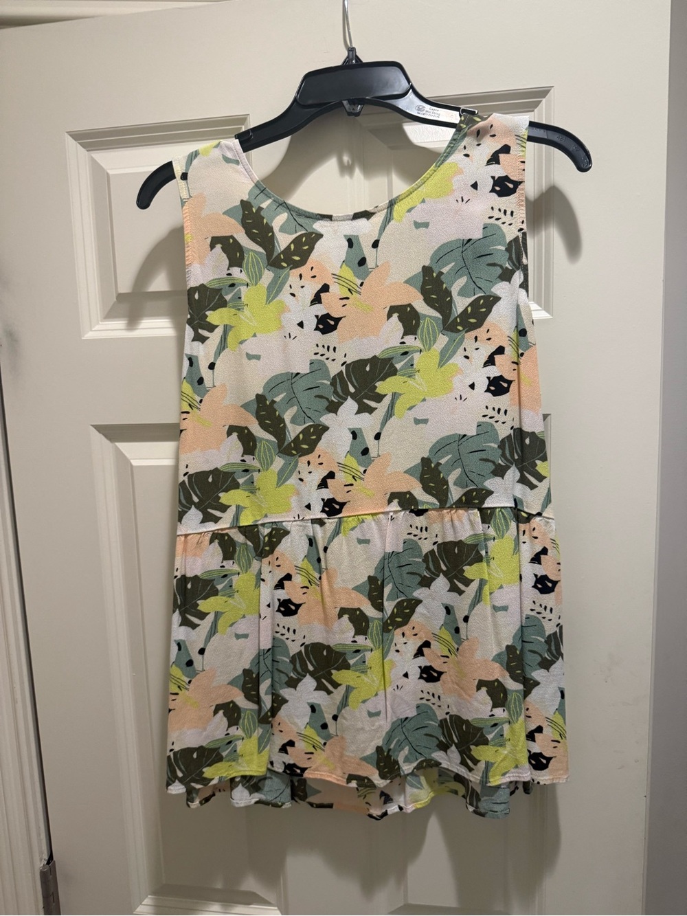 LOFT White Peplum Tank Top with Green and Pink Leaf Print
